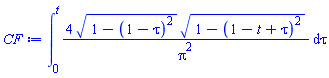 int(4*(1-(1-tau)^2)^(1/2)*(1-(1-t+tau)^2)^(1/2)/Pi^2, tau = 0 .. t)