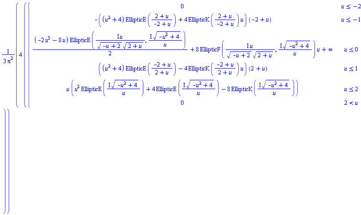4*piecewise(u <= -2, 0, u <= -1, -((u^2+4)*EllipticE((2+u)/(-2+u))+4*EllipticK((2+u)/(-2+u))*u)*(-2+u), u <= 0, (1/2)*(-2*u^3-8*u)*EllipticE(I*u/(sqrt(-u+2)*sqrt(2+u)), I*sqrt(-u^2+4)/u)+8*EllipticF(I*u/(sqrt(-u+2)*sqrt(2+u)), I*sqrt(-u^2+4)/u)*u+infinity, u <= 1, ((u^2+4)*EllipticE((-2+u)/(2+u))-4*EllipticK((-2+u)/(2+u))*u)*(2+u), u <= 2, u*(u^2*EllipticE(I*sqrt(-u^2+4)/u)+4*EllipticE(I*sqrt(-u^2+4)/u)-8*EllipticK(I*sqrt(-u^2+4)/u)), 2 < u, 0)/(3*Pi^2)