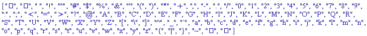 ["", "", " ", "!", """, "#", "$", "%", "&", "'", "(", ")", "*", "+", ",", "-", ".", "/", "0", "1", "2", "3", "4", "5", "6", "7", "8", "9", ":", ";", "<", "=", ">", "?", "@", "A", "B", "C", "D", "E", "F", "G", "H", "I", "J", "K", "L", "M", "N", "O", "P", "Q", "R", "S", "T", "U", "V", "W", "X", "Y", "Z", "[", "\", "]", "^", "_", "`", "a", "b", "c", "d", "e", "f", "g", "h", "i", "j", "k", "l", "m", "n", "o", "p", "q", "r", "s", "t", "u", "v", "w", "x", "y", "z", "{", "|", "}", "~", "", "ï¿½"]