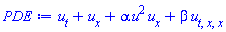 diff(u(x, t), t)+diff(u(x, t), x)+alpha*u(x, t)^2*(diff(u(x, t), x))+beta*(diff(diff(diff(u(x, t), t), x), x))
