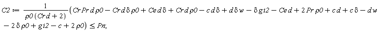 C2 := (Cr*Pr*d*rho0-Cr*d*delta*rho0+Ce*d*delta+Cr*d*rho0-c*d*delta+d*delta*w-delta*g*i2-Ce*d+2*Pr*rho0+c*d+c*delta-d*w-2*delta*rho0+g*i2-c+2*rho0)/(rho0*(Cr*d+2)) <= Pn