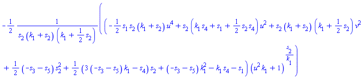 -(1/2)*(-(1/2)*s[1]*s[2]*(k[1]+s[2])*u^4+s[2]*(k[1]*s[4]+s[1]+(1/2)*s[2]*s[4])*u^2+s[2]*(k[1]+s[2])*(k[1]+(1/2)*s[2])*v^2+(1/2)*(-s[3]-s[5])*s[2]^2+(1/2)*(3*(-s[3]-s[5])*k[1]-s[4])*s[2]+(-s[3]-s[5])*k[1]^2-k[1]*s[4]-s[1])*(u^2*k[1]+1)^(s[2]/k[1])/(s[2]*(k[1]+s[2])*(k[1]+(1/2)*s[2]))