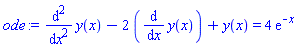 diff(diff(y(x), x), x)-2*(diff(y(x), x))+y(x) = 4*exp(-x)