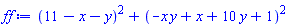(11-x-y)^2+(-x*y+x+10*y+1)^2
