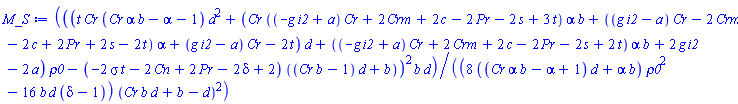 ((t*Cr*(Cr*alpha*b-alpha-1)*d^2+(Cr*((-g*i2+a)*Cr+2*Crm+2*c-2*Pr-2*s+3*t)*alpha*b+((g*i2-a)*Cr-2*Crm-2*c+2*Pr+2*s-2*t)*alpha+(g*i2-a)*Cr-2*t)*d+((-g*i2+a)*Cr+2*Crm+2*c-2*Pr-2*s+2*t)*alpha*b+2*g*i2-2*a)*rho0-(-2*sigma*t-2*Cn+2*Pr-2*delta+2)*((Cr*b-1)*d+b))^2*b*d/((8*((Cr*alpha*b-alpha+1)*d+alpha*b)*rho0^2-16*b*d*(delta-1))*(Cr*b*d+b-d)^2)