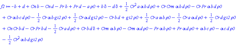 -b+d+Cn*b-Cn*d-Pr*b+Pr*d-a*rho0+b*delta-d*delta+(1/2)*Cr^2*a*alpha*b*d*rho0+Cr*Crm*alpha*b*d*rho0-Cr*Pr*alpha*b*d*rho0+Cr*alpha*b*c*d*rho0-(1/2)*Cr*alpha*b*g*i2*rho0+(1/2)*Cr*alpha*d*g*i2*rho0-Cr*b*d+g*i2*rho0+(1/2)*Cr*a*alpha*b*rho0-(1/2)*Cr*a*alpha*d*rho0+(1/2)*Cr*d*g*i2*rho0+Cn*Cr*b*d-Cr*Pr*b*d-(1/2)*Cr*a*d*rho0+Cr*b*d*delta+Crm*alpha*b*rho0-Crm*alpha*d*rho0-Pr*alpha*b*rho0+Pr*alpha*d*rho0+alpha*b*c*rho0-alpha*c*d*rho0-(1/2)*Cr^2*alpha*b*d*g*i2*rho0
