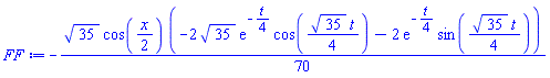 -(1/70)*35^(1/2)*cos((1/2)*x)*(-2*35^(1/2)*exp(-(1/4)*t)*cos((1/4)*35^(1/2)*t)-2*exp(-(1/4)*t)*sin((1/4)*35^(1/2)*t))