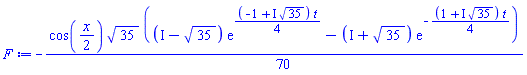 -(1/70)*cos((1/2)*x)*35^(1/2)*((I-35^(1/2))*exp((1/4)*(-1+I*35^(1/2))*t)-(I+35^(1/2))*exp(-(1/4)*(1+I*35^(1/2))*t))