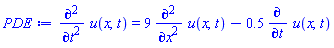 diff(diff(u(x, t), t), t) = 9*(diff(diff(u(x, t), x), x))-.5*(diff(u(x, t), t))