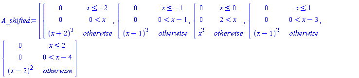 A_shifted := [piecewise(x <= -2, 0, 0 < x, 0, (x+2)^2), piecewise(x <= -1, 0, 0 < x-1, 0, (x+1)^2), piecewise(x <= 0, 0, 2 < x, 0, x^2), piecewise(x <= 1, 0, 0 < x-3, 0, (x-1)^2), piecewise(x <= 2, 0, 0 < x-4, 0, (x-2)^2)]