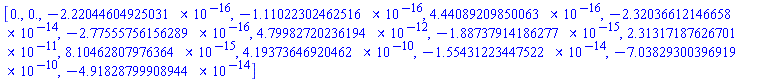 [HFloat(0.0), HFloat(0.0), HFloat(-2.220446049250313e-16), HFloat(-1.1102230246251565e-16), HFloat(4.440892098500626e-16), HFloat(-2.3203661214665772e-14), HFloat(-2.7755575615628914e-16), HFloat(4.799827202361939e-12), HFloat(-1.887379141862766e-15), HFloat(2.313171876267006e-11), HFloat(8.104628079763643e-15), HFloat(4.193736469204623e-10), HFloat(-1.554312234475219e-14), HFloat(-7.038293003969187e-10), HFloat(-4.9182879990894435e-14)]