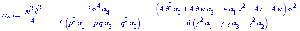 (1/4)*m^2*delta^2-(3/16)*m^4*alpha[4]/(p^2*alpha[1]+p*q*alpha[3]+q^2*alpha[2])-(1/16)*(4*theta^2*alpha[2]+4*theta*w*alpha[3]+4*w^2*alpha[1]-4*r-4*w)*m^2/(p^2*alpha[1]+p*q*alpha[3]+q^2*alpha[2])