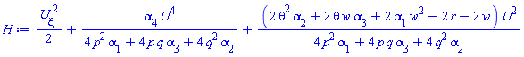 (1/2)*(diff(U(xi), xi))^2+alpha[4]*U(xi)^4/(4*p^2*alpha[1]+4*p*q*alpha[3]+4*q^2*alpha[2])+(2*theta^2*alpha[2]+2*theta*w*alpha[3]+2*w^2*alpha[1]-2*r-2*w)*U(xi)^2/(4*p^2*alpha[1]+4*p*q*alpha[3]+4*q^2*alpha[2])