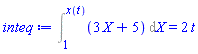 Int(3*X+5, X = 1 .. x(t)) = 2*t