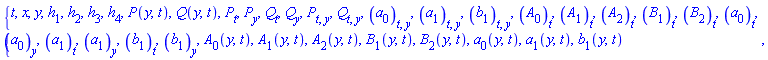 {t, x, y, h[1], h[2], h[3], h[4], P(y, t), Q(y, t), diff(P(y, t), t), diff(P(y, t), y), diff(Q(y, t), t), diff(Q(y, t), y), diff(diff(P(y, t), t), y), diff(diff(Q(y, t), t), y), diff(diff(a[0](y, t), t), y), diff(diff(a[1](y, t), t), y), diff(diff(b[1](y, t), t), y), diff(A[0](y, t), t), diff(A[1](y, t), t), diff(A[2](y, t), t), diff(B[1](y, t), t), diff(B[2](y, t), t), diff(a[0](y, t), t), diff(a[0](y, t), y), diff(a[1](y, t), t), diff(a[1](y, t), y), diff(b[1](y, t), t), diff(b[1](y, t), y), A[0](y, t), A[1](y, t), A[2](y, t), B[1](y, t), B[2](y, t), a[0](y, t), a[1](y, t), b[1](y, t)}