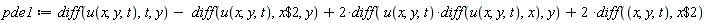 pde1 := diff(u(x, y, t), t, y)-(diff(u(x, y, t), `$`(x, 2), y))+2*(diff(u(x, y, t)*(diff(u(x, y, t), x)), y))+2*(diff(x, y, t, `$`(x, 2)))