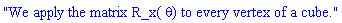 "We apply the matrix R_x(&theta;) to every vertex of a cube."