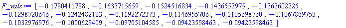 [-.1780411788, -.1633715659, -.1524516834, -.1436552975, -.1362602225, -.1298720646, -.1242482103, -.1192272373, -.1146955706, -.1105698760, -.1067869753, -.1032976976, -.1000629409, -0.9705104585e-1, -0.9423598463e-1, -0.9423598463e-1]