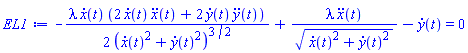 -(1/2)*lambda*(diff(x(t), t))*(2*(diff(x(t), t))*(diff(diff(x(t), t), t))+2*(diff(y(t), t))*(diff(diff(y(t), t), t)))/((diff(x(t), t))^2+(diff(y(t), t))^2)^(3/2)+lambda*(diff(diff(x(t), t), t))/((diff(x(t), t))^2+(diff(y(t), t))^2)^(1/2)-(diff(y(t), t)) = 0