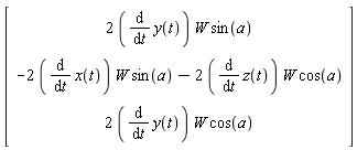 Vector(3, {(1) = 2*(diff(y(t), t))*W*sin(a), (2) = -2*(diff(x(t), t))*W*sin(a)-2*(diff(z(t), t))*W*cos(a), (3) = 2*(diff(y(t), t))*W*cos(a)})