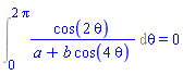 Int(cos(2*theta)/(a+b*cos(4*theta)), theta = 0 .. 2*Pi) = 0