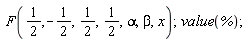 F(1/2, -1/2, 1/2, 1/2, alpha, beta, x); value(%)