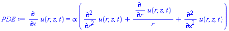 diff(u(r, z, t), t) = alpha*(diff(diff(u(r, z, t), r), r)+(diff(u(r, z, t), r))/r+diff(diff(u(r, z, t), z), z))