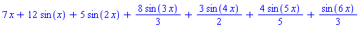 7*x+12*sin(x)+5*sin(2*x)+(8/3)*sin(3*x)+(3/2)*sin(4*x)+(4/5)*sin(5*x)+(1/3)*sin(6*x)