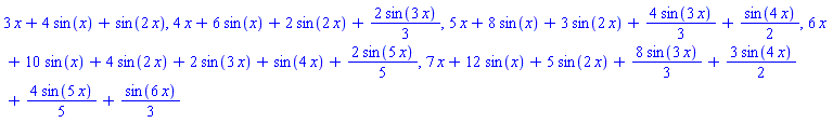 3*x+4*sin(x)+sin(2*x), 4*x+6*sin(x)+2*sin(2*x)+(2/3)*sin(3*x), 5*x+8*sin(x)+3*sin(2*x)+(4/3)*sin(3*x)+(1/2)*sin(4*x), 6*x+10*sin(x)+4*sin(2*x)+2*sin(3*x)+sin(4*x)+(2/5)*sin(5*x), 7*x+12*sin(x)+5*sin(2*x)+(8/3)*sin(3*x)+(3/2)*sin(4*x)+(4/5)*sin(5*x)+(1/3)*sin(6*x)