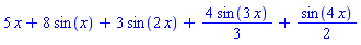 5*x+8*sin(x)+3*sin(2*x)+(4/3)*sin(3*x)+(1/2)*sin(4*x)