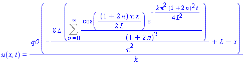 u(x, t) = q0*(-8*L*(Sum(cos((1/2)*(1+2*n)*Pi*x/L)*exp(-(1/4)*k*Pi^2*(1+2*n)^2*t/L^2)/(1+2*n)^2, n = 0 .. infinity))/Pi^2+L-x)/k