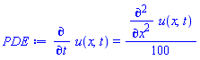 diff(u(x, t), t) = (1/100)*(diff(diff(u(x, t), x), x))
