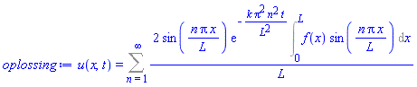 u(x, t) = Sum(2*sin(n*Pi*x/L)*exp(-k*Pi^2*n^2*t/L^2)*(Int(f(x)*sin(n*Pi*x/L), x = 0 .. L))/L, n = 1 .. infinity)
