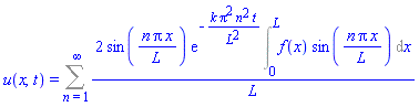 u(x, t) = Sum(2*sin(n*Pi*x/L)*exp(-k*Pi^2*n^2*t/L^2)*(Int(f(x)*sin(n*Pi*x/L), x = 0 .. L))/L, n = 1 .. infinity)