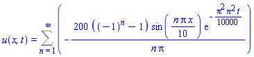 u(x, t) = Sum(-200*((-1)^n-1)*sin((1/10)*n*Pi*x)*exp(-(1/10000)*Pi^2*n^2*t)/(n*Pi), n = 1 .. infinity)